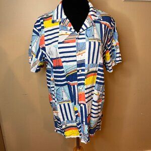 Vintage Linen Nautica Blue Sail Women's Sailing Shirt Button Down Sailboats
